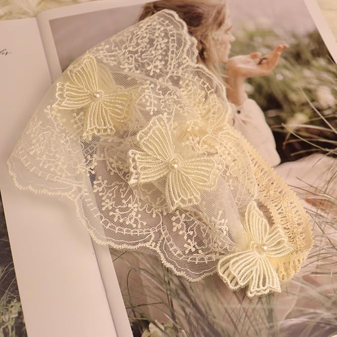 Baby Girls Headband Lacy Bow Pearl Wide Hair Band Turban for Infants Newborn Toddler Floral Ivory Elastic Head Wrap Breathable Sun Bonnet Hair Accessories (Ivory B)