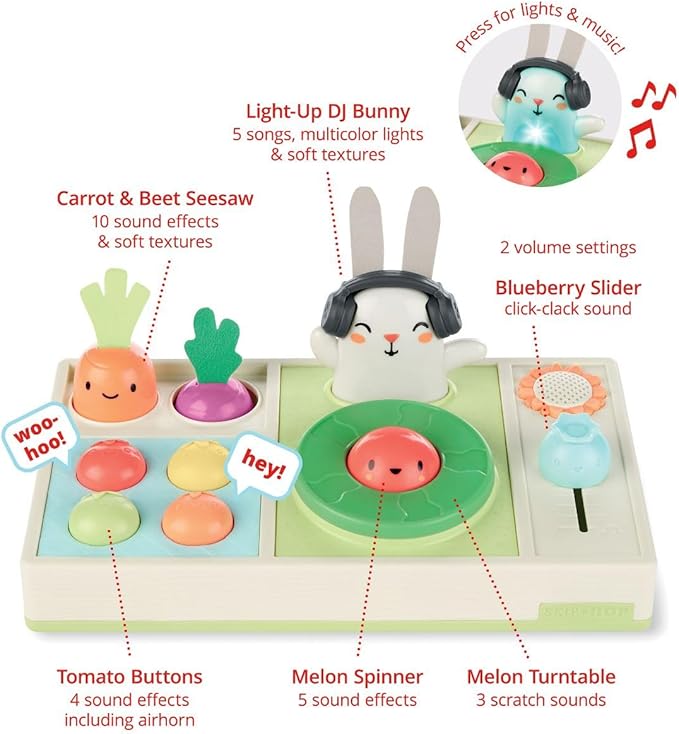 Skip Hop Baby Musical DJ Set with Lights, Songs, and Soft Textures - Farmstand Let The Beet Drop DJ Set and Strawberry Tambourine with Blueberry Shakers Baby Band