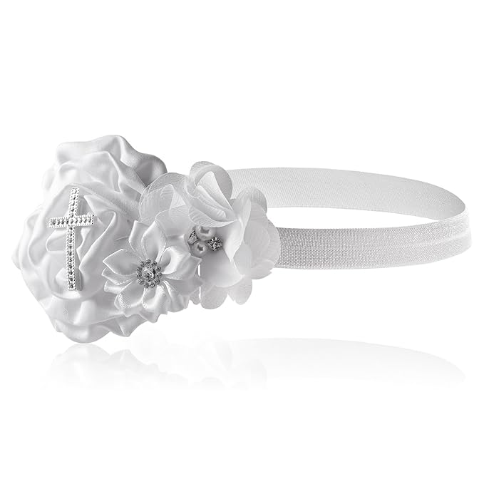 2 Pcs Baby Girls Baptism Christening Headbands Newborn Infant Toddlers Flower Crown Lace Bow Hairband (Cross Rhinestone)
