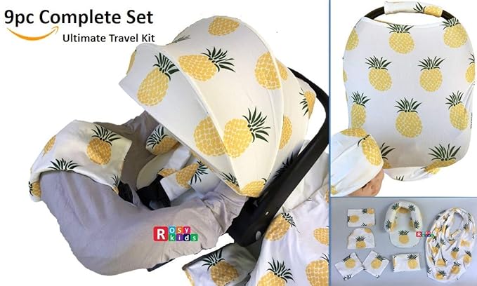 9pc Unisex Baby Ultimate Set of Infant Car Seat Cover Canopy Headrest Blanket Hat Nursing Scarf, 25JE12