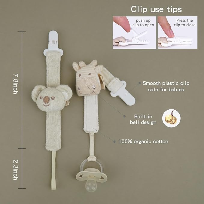 Pacifier Clip, 2 Pack Baby Pacifier Holder for Boys and Girls Fits Many Pacifiers & Baby Teething Toys, Ideal Baby Gift (Koala & Giraffe)