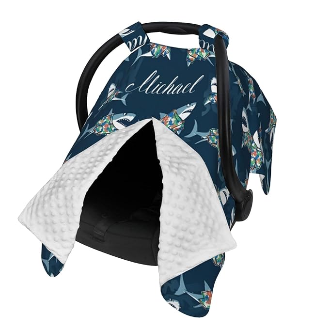 Personalized Baby Car Seat Canopy for Babies with Name, Custom Cute Shark Stroller Car Seat Covers for Boys Girls, Nursing Carseat Cover for Breastfeeding, Car Seat Canopies for Infant Newborn