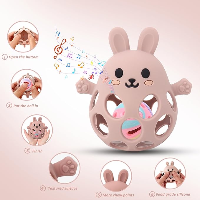 Teething Toys for Baby - New Infant Silicone Baby Teether Toy Sensory Toy from 0 Months Prevents Finger Sucking - Teethers for Babies - Baby Teething Rattle Toy -Gift for Boys & Girls (Pink)
