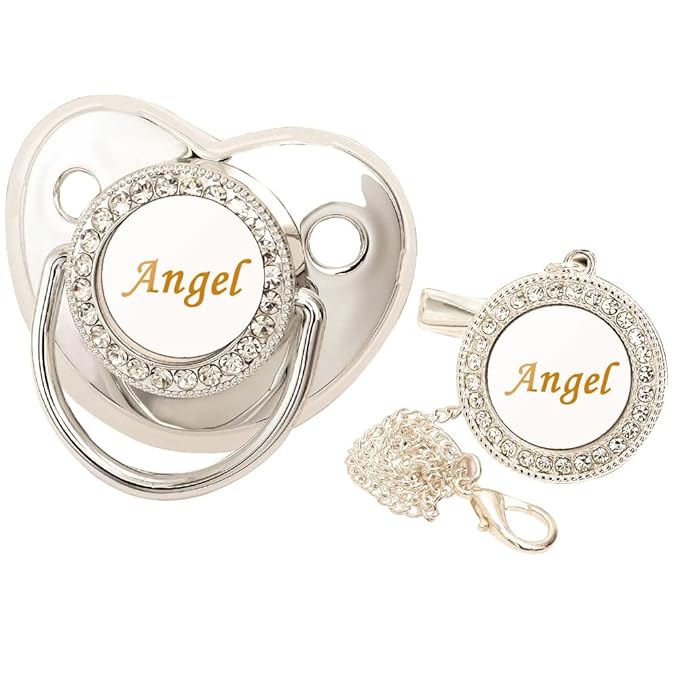 Personalized Pacifier and Pacifier Clip with Name,Bling Pacifier Clip Set with Multiple Patterns Glitter Crystal Luxurious Ideal Gift for Boy Girl Baby Shower Photography Newborns (Silver)