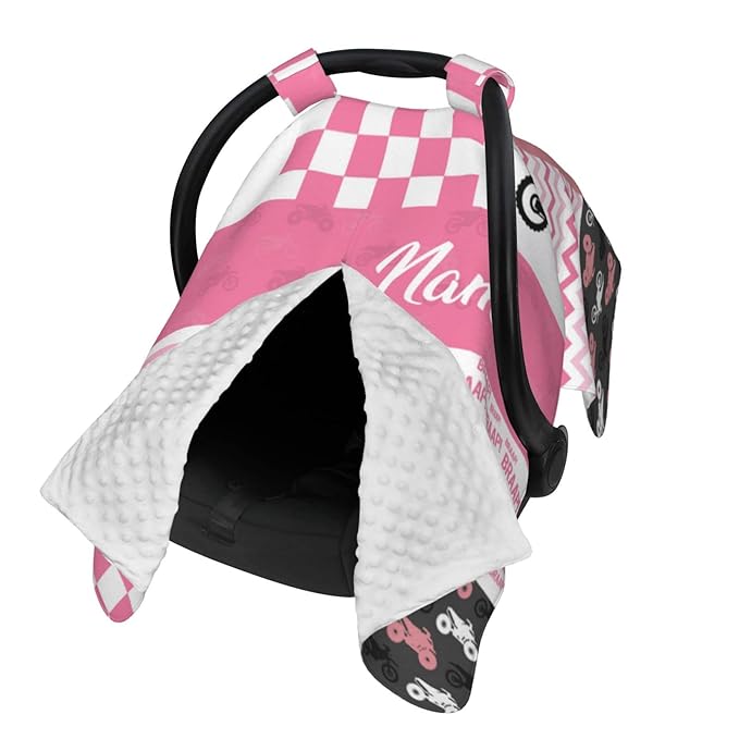 Personalized Dirt Bike Pink Baby Car Seat Canopy for Babies with Name, Custom Motocross Car Seat Covers for Girls, Opening Minky Nursing Breastfeeding Cover Infant Carseat Canopies for Newborn