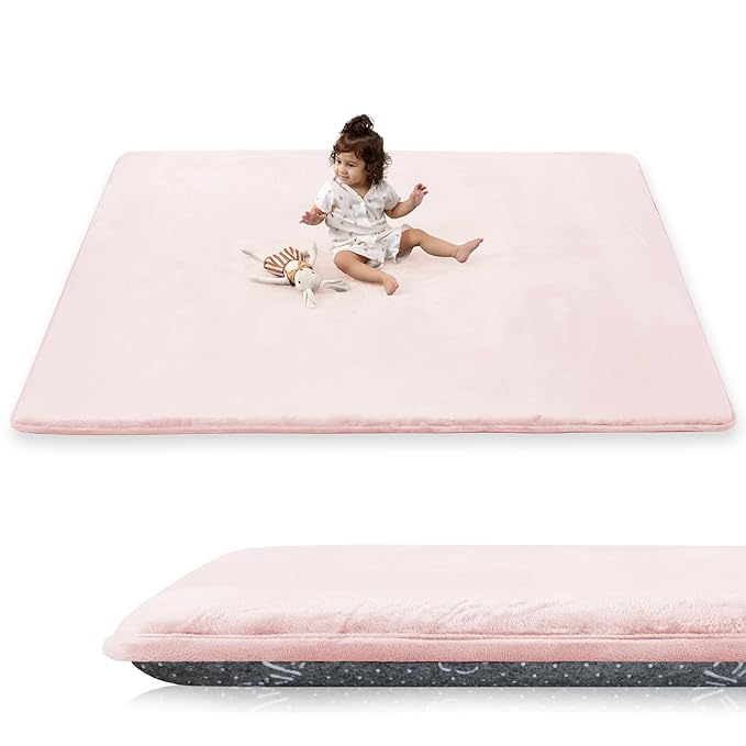 1.5" Thick Baby Play Mat for Floor, 59x79 Playpen Mat, Pro Soft Flannel Foam Mats Toddler Infant Kids Crawling for Nursery Rug Playroom Living Room Waterproof Easy Care Non-Slip (Baby Pink)