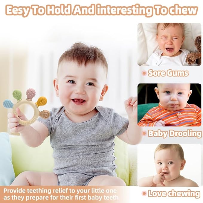 HippoBaby Silicone Teether for Babies 2-Pack – Soft & Easy Grip Teething Toys for Infants & Toddlers – 100% Food Grade Silicone, CPC Certified, BPA-Free Gum Soothers (Palm Teether/Colorful & Pink)