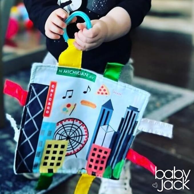 Baby Jack & Co 8x8” Learning Lovey Chicago Illinois Tag Toys for Babies - Baby Crinkle Toys - Soft & Safe - Learn USA Cities and Shapes - Ideal Baby Toy & Gift BPA Free w/Stroller Clip