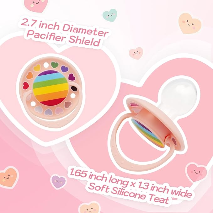 Adult Pacifier Silicone Nipple: Cute Rainbow Round Big Size Shield Binky for Anxiety - Heart Paci for Autism Sensory Stress Relief Gifts Pink with Case