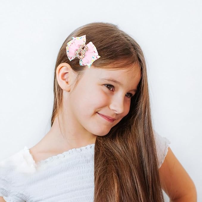 Birthday Hair Bow for Baby Girls - 2Pcs Pink Sprinkle Hair Clips for 8th Birthday Glitter Ice Cream Baby Bow Party Decorations for Girls Toddlers Hair Accessories (Pink-8 Years-Clips)