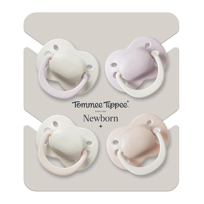 Tommee Tippee Ultimate Fit Newborn Pacifiers, 0-2 Months, Extra Air Holes, Symmetrical Nipple and Shield, 100% BPA Free Silicone, Dishwasher & Sterilizer Safe, Pale Plum and Cotton Candy, Pack of 4