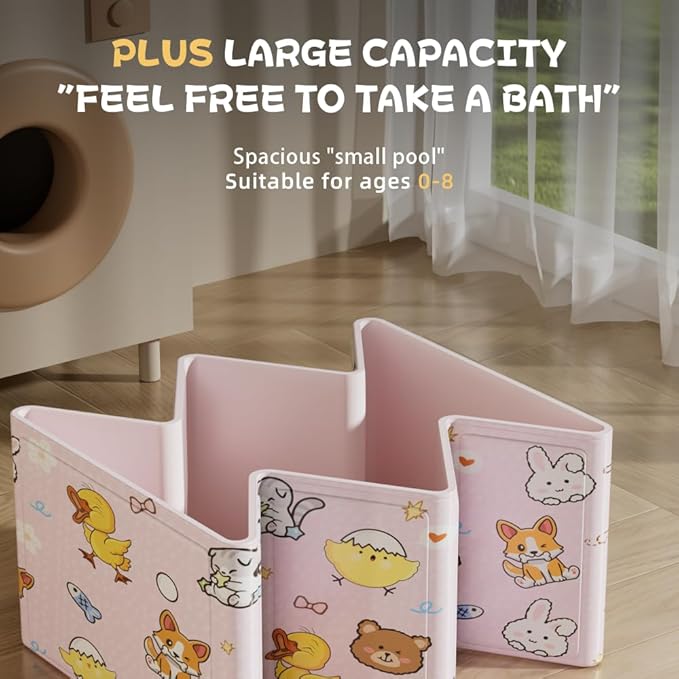 Foldable Baby Bathtub with Cute Animal Print, Portable Infant Bath Tub ，31.5x17.7x9.8 Inch Expanded (Pink)