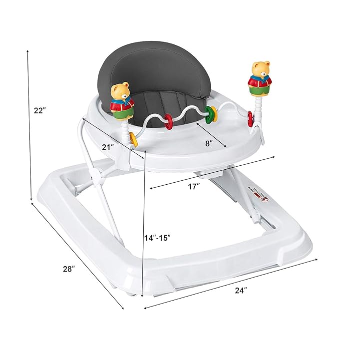 Baby Walker, Collapsible Baby Activity Walker with Walking Toys & 3-Levels Adjustable Height, Comfy High Back Seated Baby Walker with Wheels for Boys & Girls (Grey)
