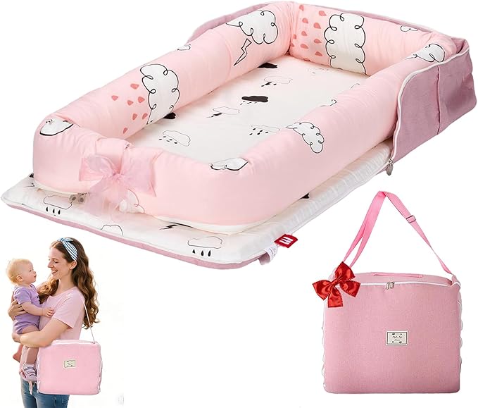 Baby Lounger for Newborn-Portable Baby Lounger 0-24 Months for Home and Travel,Newborn Loungers with Strap, Baby Nest Lounger Adjustable Size,Raindrop Clouds