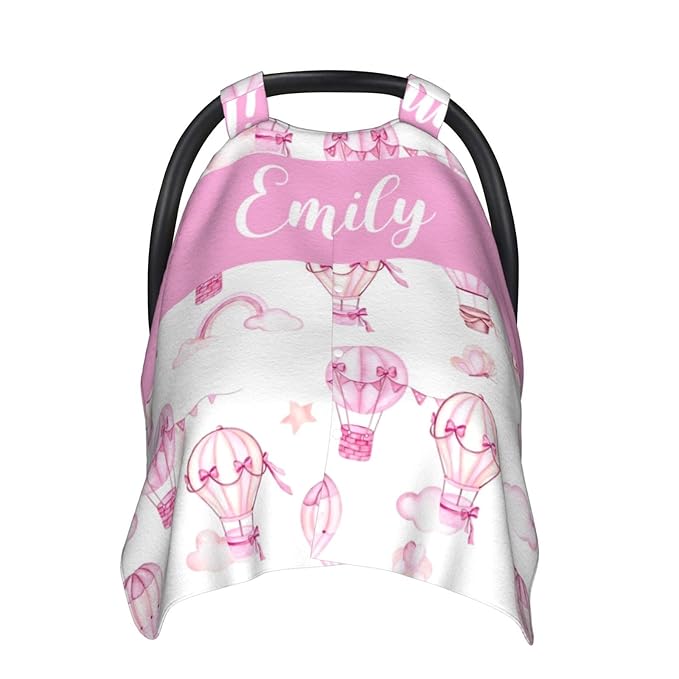 Personalized Baby Car Seat Canopy for Babies, Custom Name Car Seat Covers for Baby Girl, Hot Air Balloons Opening Minky Nursing Breastfeeding Cover for Infant, Carseat Canopies for Newborn
