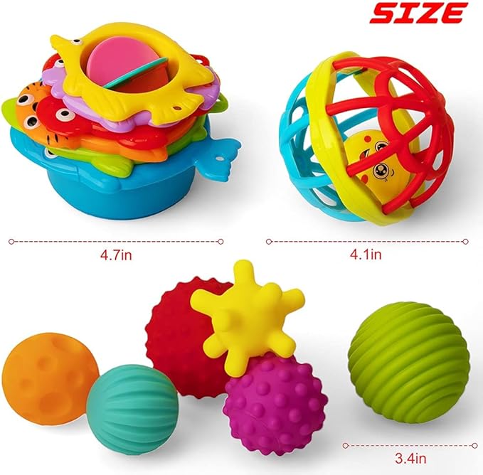 Sensory Balls for Toddlers - Textured Multi Ball Set for Babies, 6 Colorful Soft and Squeezy Sensory Toys with Stacking Cups Baby Rattle Ball - Stress Relief & Sensory Developmental Toy for Kids