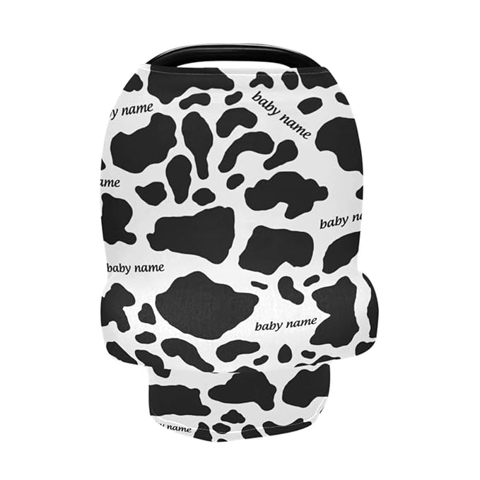 Personalized Baby Car Seat Cover for Babies, Custom Name Baby Car Seats Canopy for Boys Girls, Nursing Breastfeeding Stroller Covers for Infant Newborn, Shower Gift (Cow Print Black)