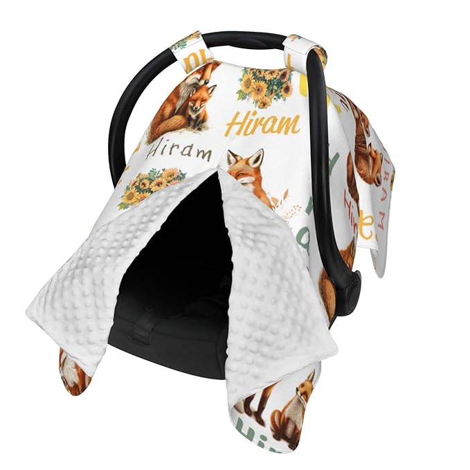 Personalized Cute Fox Baby Car Seat Cover for Girls Boys, Customized Baby Carseats Covers with Name, Custom Monogram Stroller Canopy Nursing Cover Breastfeeding Scarf for Newborn Infant New Mom