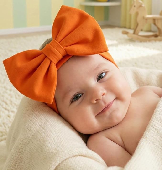 Newborn Baby Girl Headband 0–6 Months – Soft Cotton Big Bow Headband for Infants, Stretchy Baby Hair Band, 4.3" (11 cm) Bow, 2.4" (6 cm) Band (Orange, 0-6 Month)