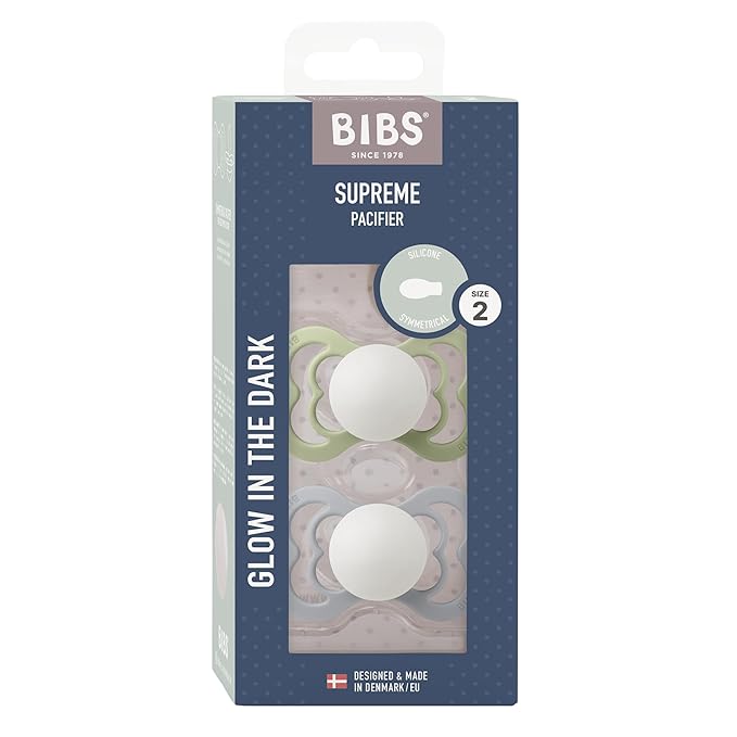 BIBS Supreme Baby Pacifier 2-Pack | Made in Denmark | BPA Free Dummy Soother, Symmetrical Nipple. Silicone, Size 2 (6-18 Months), Sage Glow/Cloud Glow