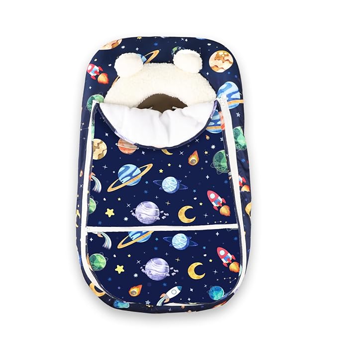 Pea Pod Winter Car Seat Cover for Baby, Infant Car Seat Canopies Cover for Newborn, Warm Plush Fleece Inner Protect Baby from Cold Wind, Space Pattern