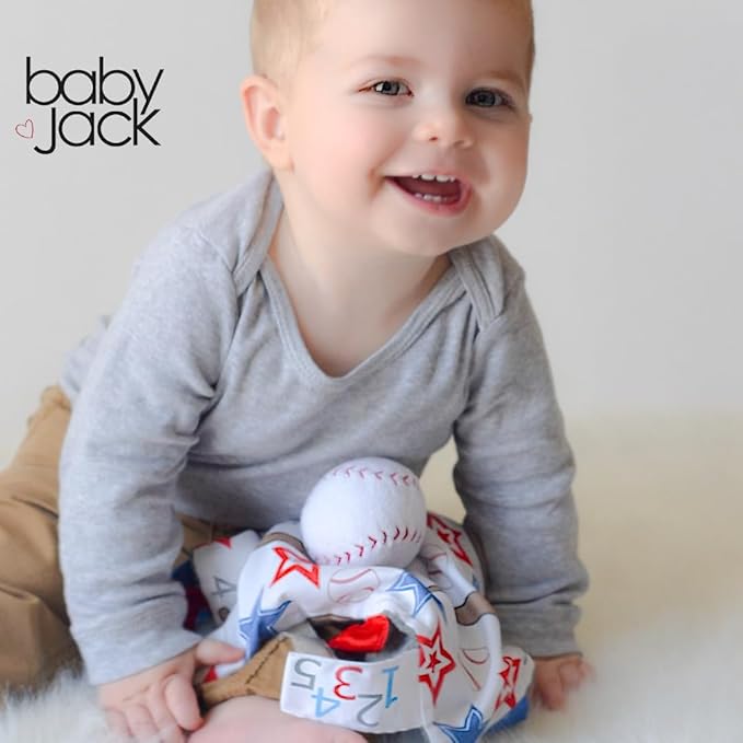 Baby Jack & Co. Sensory, Educational & Closed Ribbon Tag Lovey Blanket with Security Plush: 10"X10" (Baseball)