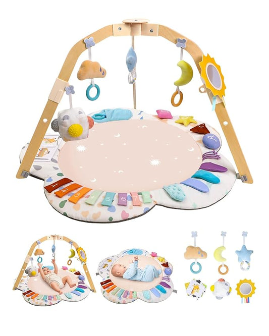 BubblePanda Baby Play Gym & Play Mat with Wooden Frame, Tummy Time Mat with Developmental Activity Zones & Detachable Sensory Toys for Motor Skills & Sensory Development for Baby Toddler