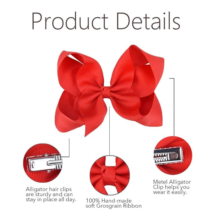 Oaoleer Big Hair Bows for Girls 12 PCS 6" Red Grosgrain Ribbon Large Boutique Bow Alligator Clips Hair Accessories for Toddlers Little Girls Kids
