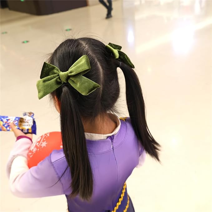 Vintage Velvet Bow Hair Clips for Baby Girl Kids Women Fall Velvet Christmas Hair Bows Barrettes Accessories (2 pcs Olive)