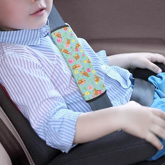 ENLACHIC Kids Car Seat Belt Cover, Cute Cartoon Animal Print Baby Car Seat Strap Pads Infant Car Seat Protector Car Accessories Universal All Cars,Sloth Flower