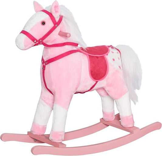 Qaba Kids Rocking Horse Plush Ride On Toy Toddler Rocker for Boys Girls Gifts with Realistic Sounds, Pink