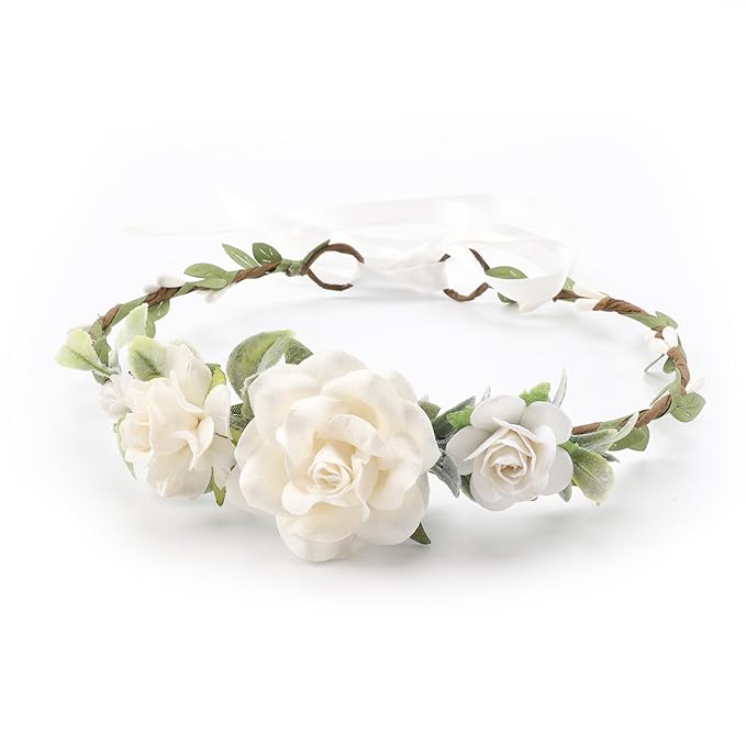 Flower Girl Flower Crown Pink Baby Girls Floral Headpieces Kids Headband Children Hair Wreath Photo Prop (White-Child Size)