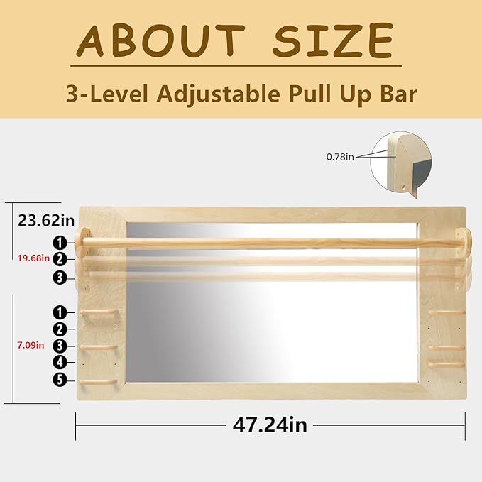 Coordination Montessori Toddler Mirror with Handle Wooden Shatterproof Acrylic Non Glass Safety Early Learning to Walk Standing Mirror for Babies Nursery Playroom Wall Mounted 47.24"