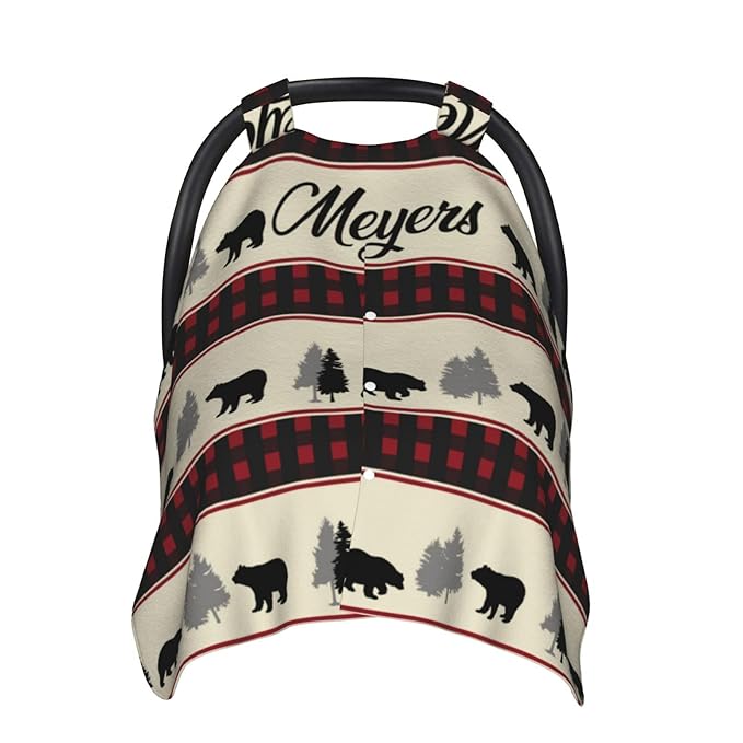 Custom Baby Car Seat Canopy for Babies with Name, Personalized Woodland Bear Baby Car Seats Covers for Boys, Opening Minky Nursing Breastfeeding Stroller Cover Infant Carseat Canopies for Newborn