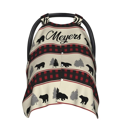 Custom Baby Car Seat Canopy for Babies with Name, Personalized Woodland Bear Baby Car Seats Covers for Boys, Opening Minky Nursing Breastfeeding Stroller Cover Infant Carseat Canopies for Newborn