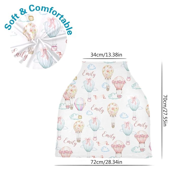 Personalized Baby Car Seat Cover for Girls, Custom Nursing Covers with Name, Hot Air Balloons Pattern, Universal Fit, Water Resistant, Linen, Cotton
