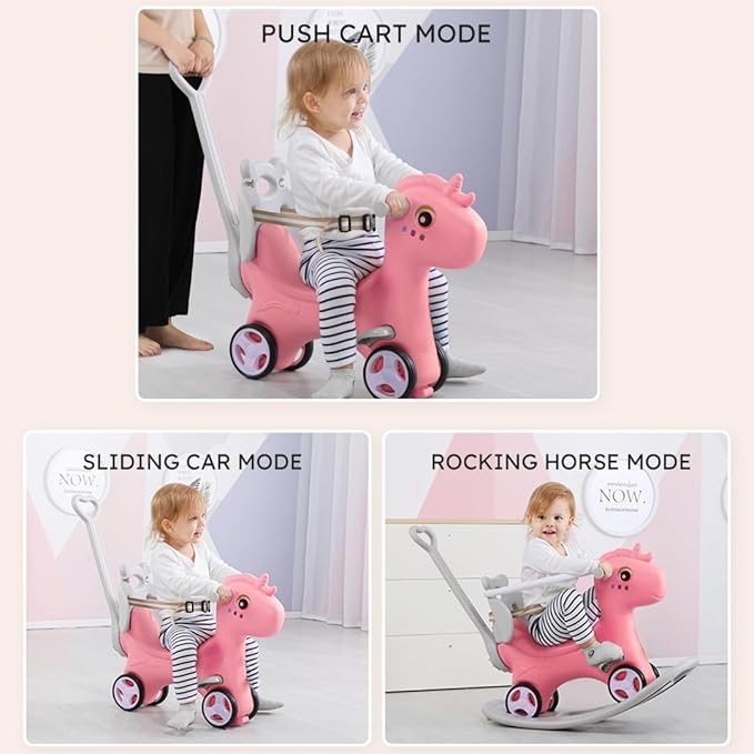 Runboll Rocking Horse for Toddlers, Baby Rocking Toy with Push Handle, Backrest & Detachable Balance Board, Riding Horse Toy for Baby Girl and Boy, 1-3 Years Old Kids Riding Birthday