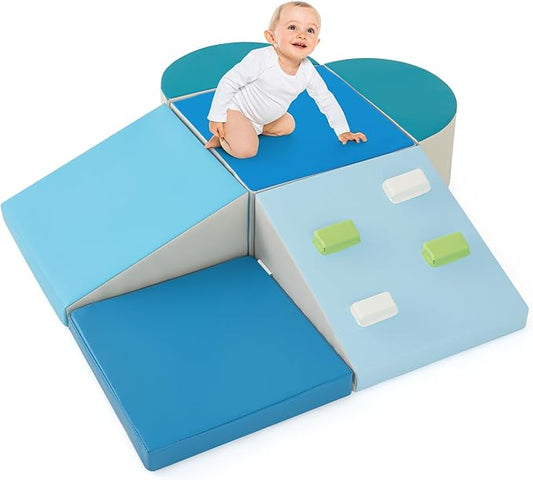 Olakids Climbing Toys for Toddlers, 6 Pieces Baby Foam Blocks Soft Play Set with PU Leather, Indoor Kids Climb and Crawl Sliding Activity Structure Gym Playground Climber (Azure)