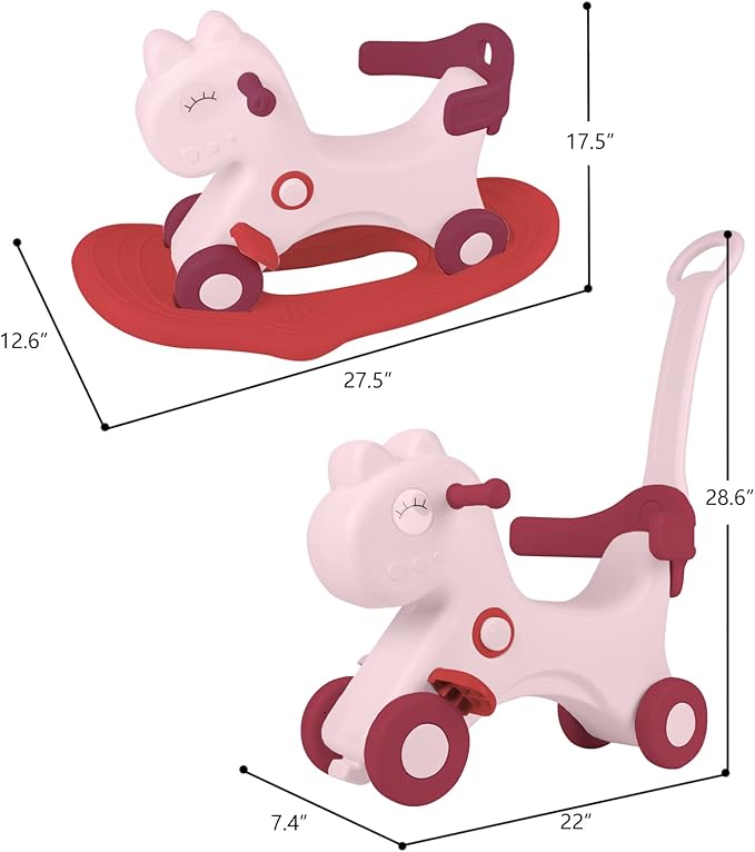 4 in 1 Rocking Horse for Toddlers 1-3 Years Old, Baby Rocking Toy Fun Birthday Gift for 1+ Girls, Ride on Toy with Detachable Balance Board and Footrest, Balance Bike with Push Handle, Pink