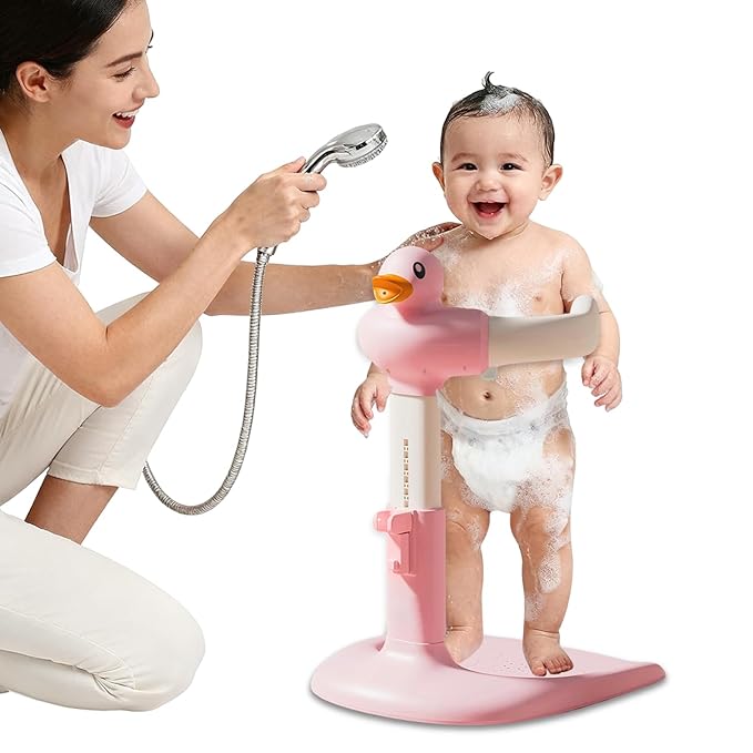 Adjustable Baby Shower Stand with Anti-Slip Base,Bath Shower Standing Support Stand,Portable Bath Helper Bath Support for Infants Portable Bath Helper for Baby 8-24 Months (PinkA)