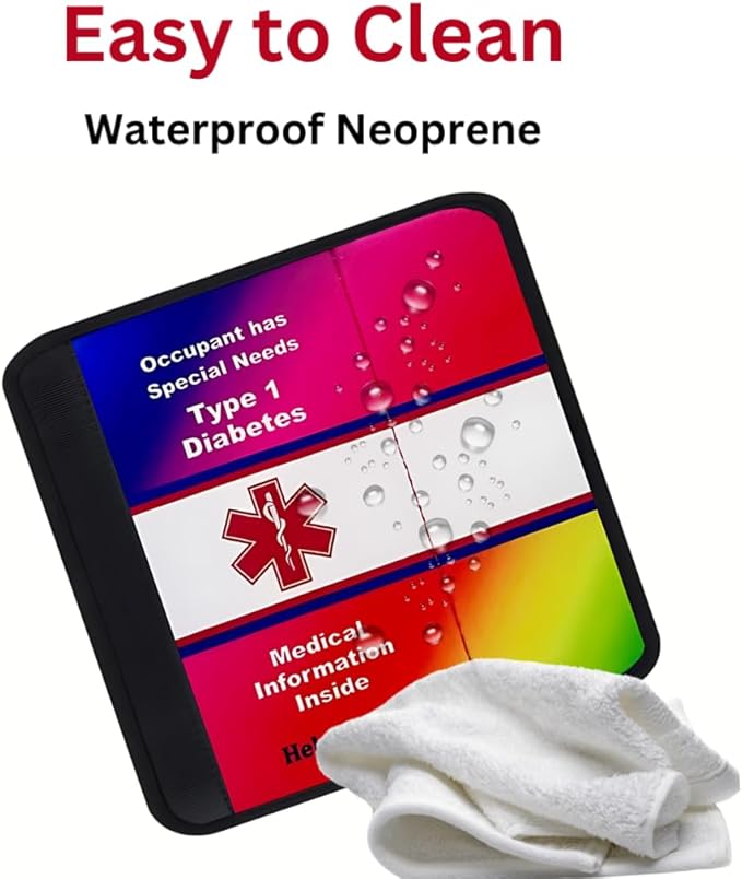 Type 1 Diabetes Awareness Medical Alert Seatbelt Cover for Children in Car Seats (6”) Featuring an Emergency Information Form and Pocket by Help Belts. (Rainbow/White)