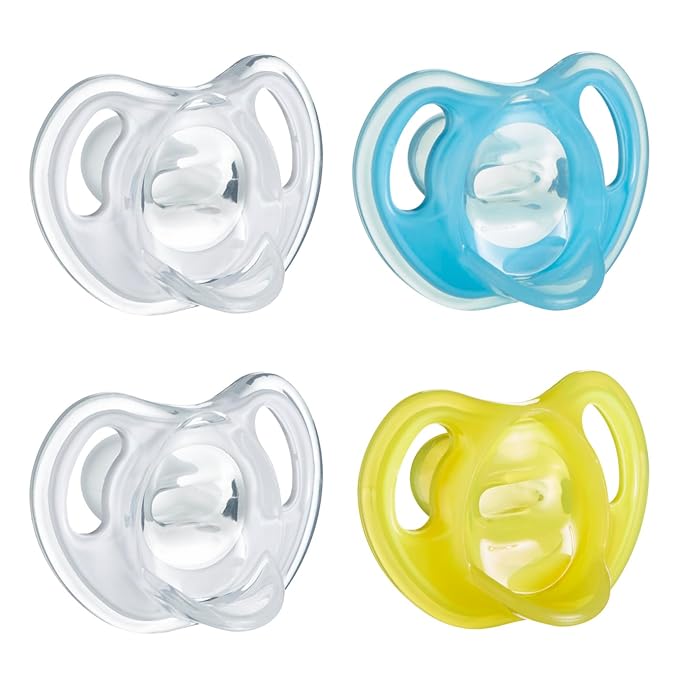Tommee Tippee Ultra-Light Silicone Pacifier,6-18 Months,Symmetrical One-Piece Design,BPA-Free Silicone Binkies,Clear/Blue/Yellow,(Pack of 48)
