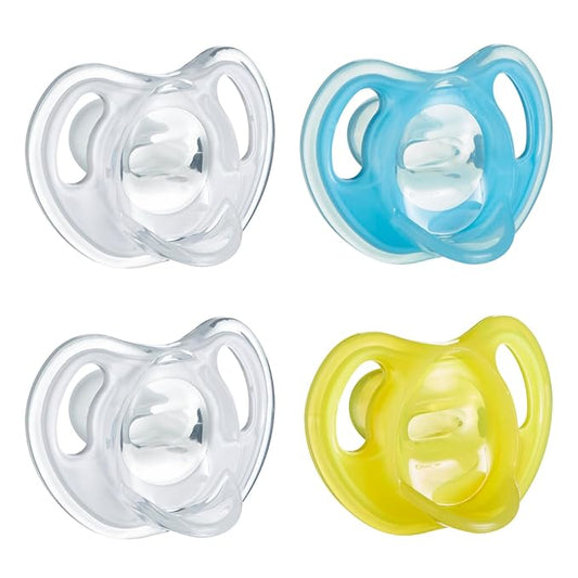 Tommee Tippee Ultra-Light Silicone Pacifier,6-18 Months,Symmetrical One-Piece Design,BPA-Free Silicone Binkies,Clear/Blue/Yellow,(Pack of 48)