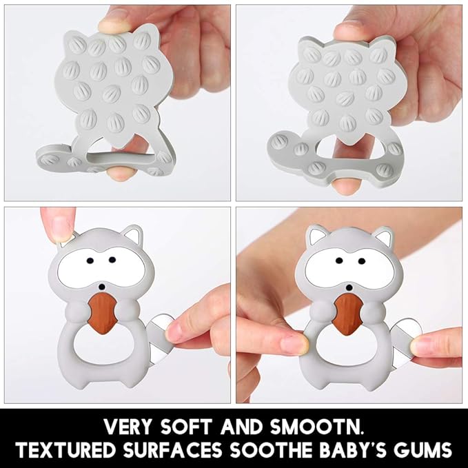 Baby Silicone Teether,Sensory Chew Toys,BPA Free Soft and Effective Infant Teething Pain Relief Toys,Freezer Safe,Food Grade Silicone,Best Shower Gift for Boys and Girls (Raccoon)