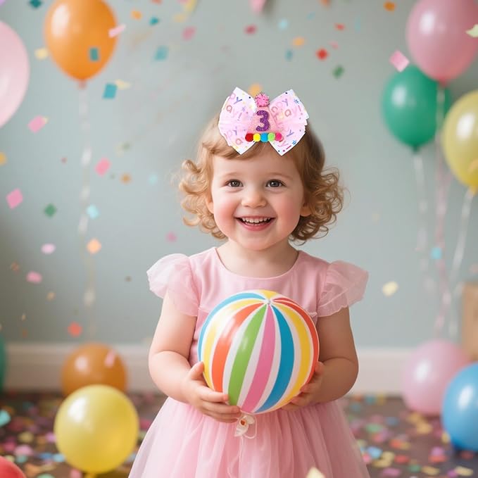 2Pcs Birthday Hair Bow for Baby Girls 1 2 3 4 5 6 Years, Pink Confetti Ice Cream Party Decorations, Sparkling Bows Hair Accessories for 3rd Birthday
