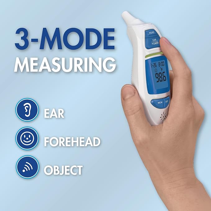 Infrared Thermometer | Ear & Forehead Measurements | for Children & Adults | 3-Color Fever Alert | Instant Accurate Reading | Body, Object, Room | Fahrenheit/Celsius Measurement