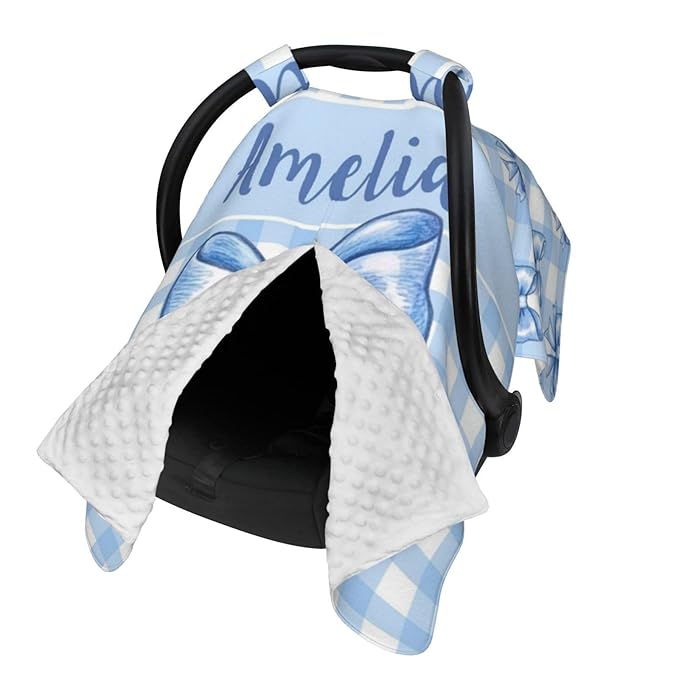 Personalised Baby Car Seat Cover with Name, Customized Bows Carseat Covers for Babies Girls, Windproof Sun Protection Baby Carseat Canopy, Multi-use Nursing Breastfeeding Covers for Infant
