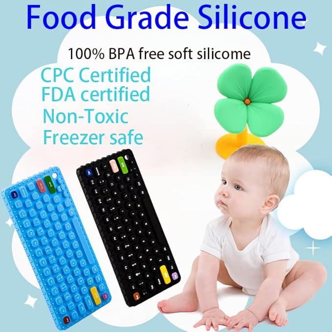 Keyboard Shape Teething Toys，Silicone Baby Teether Toys with Pacifier Clip for Babies 0-3 Months 3-6 Months,Baby Chew Toys Sensory Toys for Babies 6-36 Months(Gray) (Blue) (Blue)