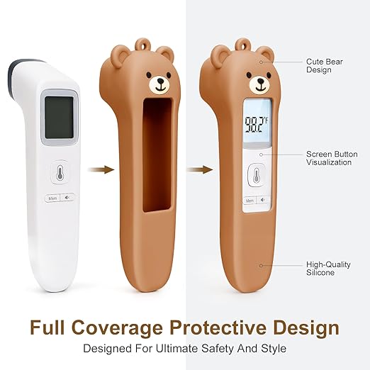 Cute Bear Silicone Thermometer Case Compatible with GoodBaby No-Touch Thermometer, Soft Anti-Drop Protective Cartoon Animal Cover Helps Calm Babies During Temperature Checks - Brown