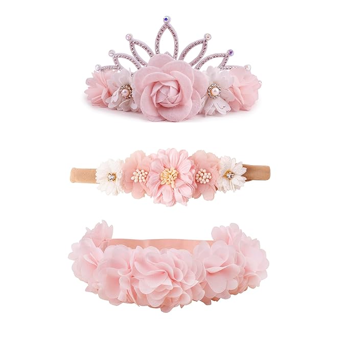 Baby Girl Flower Headbands and Bows, Stretchy Soft Nylon Floral Crown, 3pcs Handmade Hair Accessories for Newborn Infant Toddler